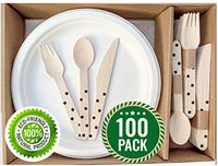 Fun Pack of 100 Disposable Wooden Cutlery & Paper Plates | 75 Biodegradable Wooden Spoons, Forks, Knives | 9”x25 Compostable Party Paper Plates made from Sugarcane | Eco-friendly | Strong & Sturdy