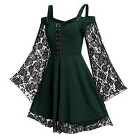 Jocund Women Dress Sexy Cross Eyelet Sling Off-Shoulder Flare Sleeve Skirt Lace Panel Strap Dress