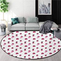 Feather Machine Washable Round Bath Mat,Authentic Vivid Tones Bird Feathers Plumage Growth Illustration Non-Slip No-Shedding Bedroom Soft Floor Mat,Diameter-51 Inch Magenta Ruby Maroon Baby Pink
