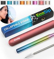 EcoSip Collapsible Telescopic Drinking Straw | Metal Stainless Steel Reusable | Portable Final Eco Folding Straws Travel | Cleaning Brush Key Ring Hard Case | Silicone Tip | 8 Colors (Pink Rainbow)