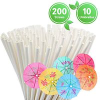 Paper Straws Biodegradable – Eco Friendly Straws – Box of 200 – Also Includes 10 Paper Cocktail Umbrellas - Drinking Straws for Smoothies, Juices and Party (White Paper Straws + Paper Umbrellas)