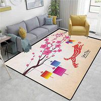 YucouHome Year of The Dog Floral Area Rug for Kids Room, Plum Blossom Branches with Canine Figure with Ornamental Leaves Pattern, Fashionable High Class Living Dinning Room(5'x 8') Multicolor