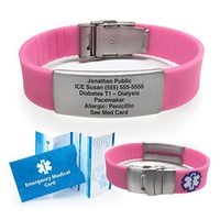 Silicone Sport Medical Alert ID Bracelet (Incl. 5 Lines of Custom Engraving). Choose Your Color! - (Pink)