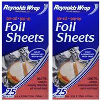 Reynolds Wrap Aluminum Foil Pre-Cut Pop-Up Sheets (Bonus Turkey Oven Bag) Baking Oven Leftovers Cover No Cutting Or Tearing, 25 Sheets 14in. x 101/4in. Pack of 2 (50 Sheets Total)