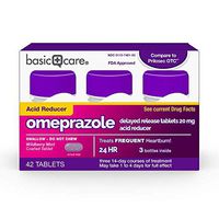 Basic Care Omeprazole Delayed Release Tablets 20 mg, Acid Reducer, Wildberry Mint Coated Tablet, 42 Count