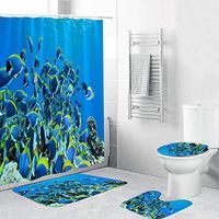 Naiflowers 4 Piece Non-Slip Bathroom Toilet Rug Mats pad & Rug Contour& Shower Curtain with Hooks & Lid Cover, Entryway Kitchen Washable Bath Shower Curtain Carpet, Underwater Sea Style