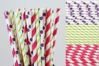 Hot Pink, Purple, Lime Green Paper Straw Mix - Striped and Polka Dots (50)