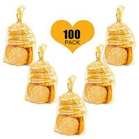 JOERSH Stand-up Candy Bags with Gold twist ties, 100 Pack 8.1 x 5 x 1.8 inch Clear Plastic Treat Bags for Cookie Candy Snack Wrapping Wedding Favor Party Gift Bags (Gold Flower Blooming)