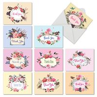 Birds and Blossoms - 10 Boxed Thank You Note Cards with Envelopes (4 x 5.12 Inch) - Assorted Roses and Birds, Formal Gratitude Stationery M6577TYB