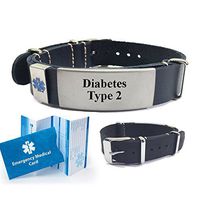 Diabetes Type 2 Top Grain Leather NATO Style Medical Alert ID Bracelet. Choose Color!