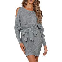 Veodhekai Women Dress Solid Hollow Out Long Sleeve O-Neck Sashes Bow Tight Dress Wedding OL Dress Gray