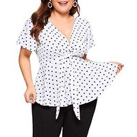 Meikosks Womens Polka Dot Knot Front Blouse V Neck Short Sleeve T Shirt Plus Size Tops White