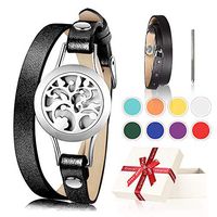 SPORUS Essential Oil Diffuser Bracelet, Stainless Steel Aromatherapy Locket Bracelet with Extra Leather Band and 8 Color Pads for Women Jewelry Gift Christmas Gift Black [Hole Puncher Included]