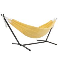 Vivere Double Polyester Hammock with Space Saving Steel Stand, Yellow (450 lb Capacity - Premium Carry Bag Included)