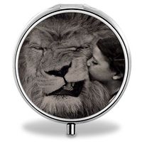 Lion and Girl Pill Case, Round Stainless Drug Organizer Container Medicine Cover for Pocket Daily&Weekly