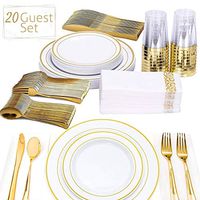 FineDining Disposable Dinnerware Set -Gold Plastic Silverware -Premium Quality for Weddings, Buffets -140 Pieces -20 napkins 20 Forks, 20 Spoons, 20 Knives, 20 Cups, 20 Dinner Plates, 20 Salad Plates