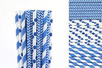 Bright Blue Paper Straws Mix - Chevron, Polka Dots and Striped (25)