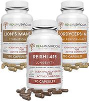 Real Mushrooms Brain, Vitality & Immunity Booster Bundle - Lion’s Mane Mushroom Cognition Capsules 120ct,Reishi 415 Longevity Capsules 90ct & Cordyceps-M Peak Performance 120ct - Food Supplement