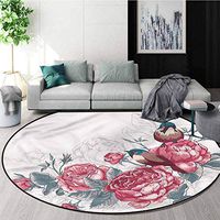 RUGSMAT Romantic Modern Machine Washable Round Bath Mat,Chickadee Birds and Roses Coffee Table Mat Non-Skid Living Room Carpet Round-71