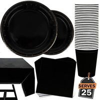 101 Piece Jet Black Party Supplies Set Including Plates, Cups, Napkins and Tablecloth, Serves 25