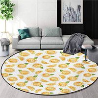 RUGSMAT Orange Round Area Rug,Watercolor Slices of Orange Fruit with Green Leaves Fresh Ripe Juicy Food Design Non-Slip Fabric Round Rugs for Bedroom,Round-71 Inch Orange Green White