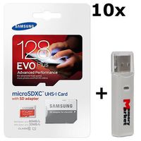 10 PACK - Samsung Evo Plus 128GB MicroSD XC Class 10 UHS-1 80mb/s Mobile Memory Card 128G MB-MC128DA with Adapter LOT OF 10 and USB 2.0 MemoryMarket dual slot MicroSD & SD Memory Card Reader