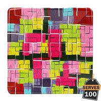 Pack of 100 Disposable Oil Square Design Colorful Paper Plates, Square 7", Everyday Party Supplies for Appetizer, Lunch, Dinner, or Dessert