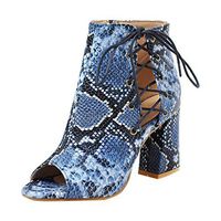 Cenglings Women Peep Toe Snakeskin Print Rome Shoes Breathable Hollow Out Strappy Sandals Lace Up Shoes Plus Size Dress Booties(Blue,40)