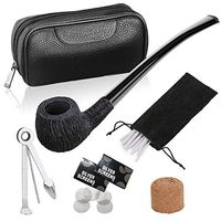 Joyoldelf Churchwarden Briar Tobacco Pipe with a Leather Pipe Bag, Wooden Smoking Pipe with 3-in-1 Pipe Scraper, 1 Cork Knocker, 2 Packs of Pipe Screens, 20 Pipe Cleaners, Bonus a Pipe Pouch
