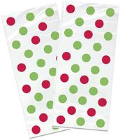Holiday Clear Cellophane Treat Bags With Red And Green Polka Dot, Party Favor Bags, Goodie Bags holiday party, 60 Count.