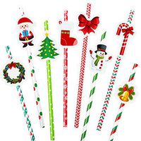 Aneco 48 Sets Christmas Themed Drinking Paper Straws Santa Snowman Christmas Tree Stockings Pattern Decorative Drinking Straws for Xmas Party Supplies