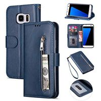 Zipper Wallet Case with Black Dual-use Pen for Samsung Galaxy S7 Edge,Aoucase Money Coin Pocket Card Holder Shock Resistant Strap Purse PU Leather Case for Samsung Galaxy S7 Edge - Dark Blue