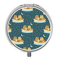 New Personalized Design Pill Organizer Silver Round Compact Pill Box Decorative Metal Medicine Vitamin Organizer，3 Pill Splitter-Boat-Cat-Moon-Guitar-SEAS