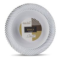 [20 Count - 12 Oz Bowls] Laura Stein Designer Tableware Premium Heavyweight Plastic White Soup Bowl With Silver Designed Border, Party & Wedding Plate Curve Series Disposable Dishes