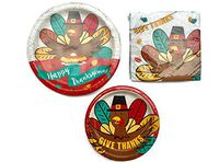 Thanksgiving Paper Plates and Napkins Set for 12 kids Guests includes 12 8.75" Dinner Plates 12 6 6/8" Dessert Plates, 24 Luncheon Napkins for Turkey theme Autumn Red Orange Tableware