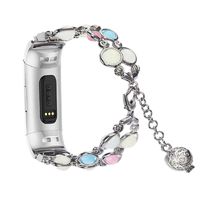 KuToo Compatible with Fitbit Charge 3 Bands/Charge 3 SE Bands, Women/Girls Adjustable Stainless Steel Wristband Light Luminous Pearl Bracelet with Essential Oil/Perfume Storage Pendant (Silver)