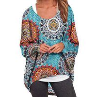 ANJUNIE Women Floral Print T-Shirt Long Batwing Sleeve Oversized Pullover Blouse Tops(Blue,XL)