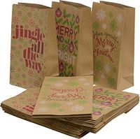Christmas cookie and candy kraft lunch bags, 3 assorted holiday prints, 10.75" H x 6" W x 3.5" gusset, pack of 48 bags