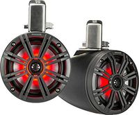 Kicker KMTC65 (165mm) Loaded Marine Cans with 45KM654L speaker pair; charcoal grill on black can