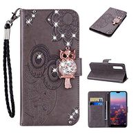 Strap Diamond Wallet Case for Huawei P30,Aoucase Luxury 3D Owl Bling Gems Magnetic Cute Mandala Print PU Leather Soft TPU Stand Flip Case with Black Dual-use Pen - Gray