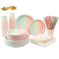 250PCS Colorful Paper Party Supplies - ENUOSUMA Disposable Paper Plates Tableware Set Include 50 Dinner Plates 50 Dessert Plates 50 Cups 50 Napkins 50 Straws For Party Wedding Bridal/Baby Shower