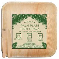 Palm leaf plates | Bamboo like | All natural | Compostable | Dinnerware | 150 pieces | 50 10" plates | 50 compostable wood fork and knives