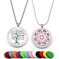 Two Lademayh Essential Oil Diffuser Necklaces Pendant Aromatherapy Jewelry(Tree of Life & Flower Design) with 2 Styles Chains & 12 Felt Pads