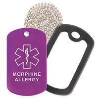 Morphine Medical Alert ID Necklace with Purple Tag, Black Silencer, and 30'' USA Chain - 154 Color Choices