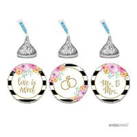 Andaz Press Floral Gold Glitter Print Wedding Collection, Chocolate Drop Label Stickers Trio, 216-Pack, Fits Hershey's Kisses Party Favors