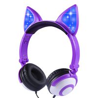 LOBKIN Foldable Wired Over Ear Kids Headphone with Glowing Light for Girls Children Cosplay Fans,Cat Ear Headphones (Purple)