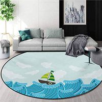 RUGSMAT Ocean Modern Machine Round Bath Mat,Sailing Boat On The Sea Life with Waves and The Cloudy Sky Illustration Non-Slip No-Shedding Kitchen Soft Floor Mat,Diameter-31 Inch Baby Blue and Sky Blue