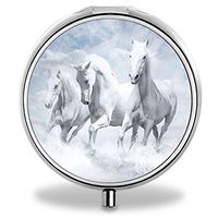 White Horse Pill Case, Round Stainless Drug Organizer Container Medicine Cover for Pocket Daily&Weekly