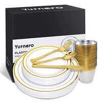 150 pcs Gold Plastic Plates for Parties Yurnero Disposable Silverware Set for Wedding Gathering Includes 25 Dinner Plates, 25 Dessert Plates, 25 Cups, 25 Forks, 25 Knives, 25 Spoons