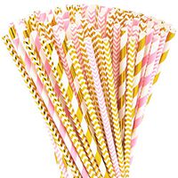 Paper Straws 200 Pack Biodegradable Gold and Pink Striped Design 8.25" Straw for Everyday/Birthday Party/Baby Shower/Wedding/Anniversary and Parties, Long Lasting by DuraHome(200 Pack, Gold & Pink)